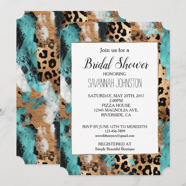 Turkos Guld Svart Leopard Inbjudningar (Fram/baksida)