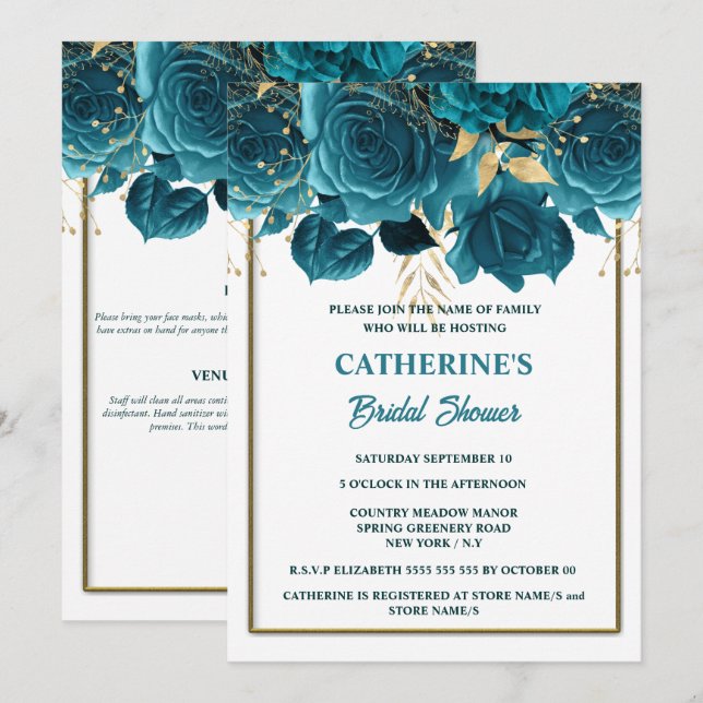 Turkos guld vit ros vattenfärg bröllopsdusch  inbjudningar (Fram/baksida)