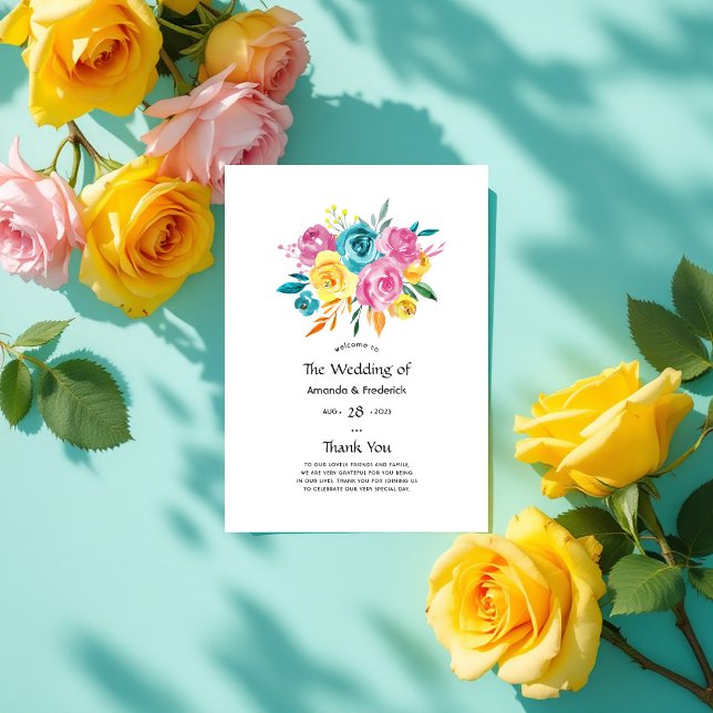 Turkos, Gult och Rosa Blommigt Bröllop Program (Turquoise, Yellow, and Pink Floral Wedding Program)