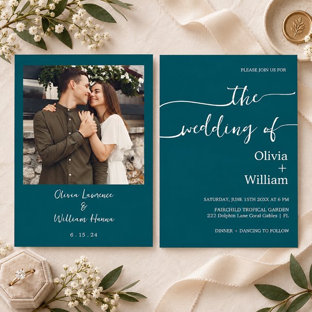 Turkos handskriven skript foto bröllop inbjudningar (Teal Handwritten Script Photo Wedding)