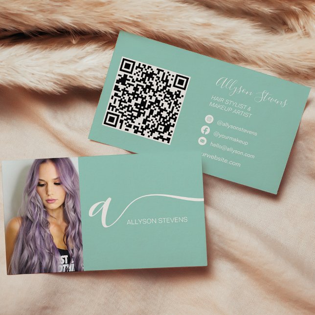 Turkos hårmakeup fotoinledande qr-kod visitkort (Turquoise hair makeup photo initial qr code business card)