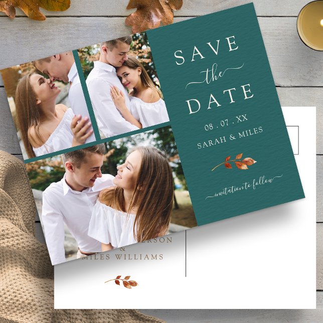 Turkos Höst Foto Meddelande Vykort (Teal Fall Leaf Photo Collage Save The Date  Announcement Postcard by Painted Paperie
)