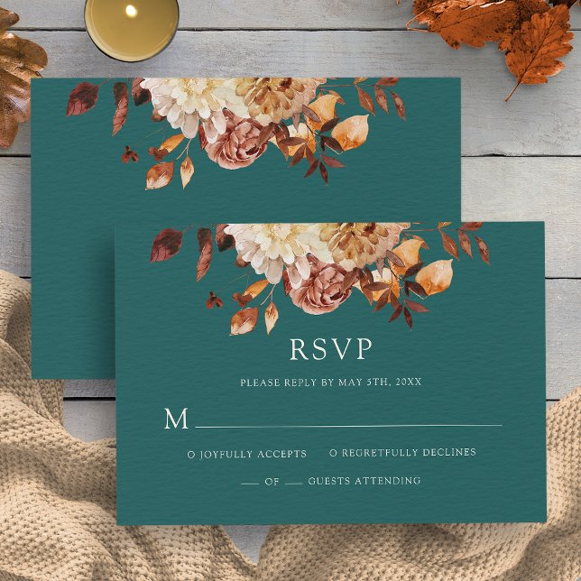 Turkos Höst Koppar Blommig Bröllop Svarskort OSA Kort (Teal Fall Copper Floral Wedding RSVP Card by Painted Paperie
)
