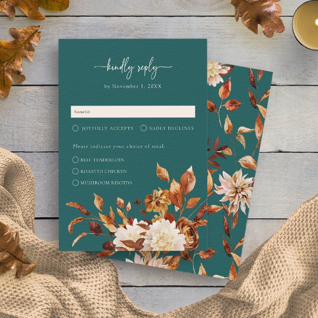 Turkos Höst OSA Kort (Teal Fall Rustic Leaves Floral RSVP Card by Painted Paperie
)