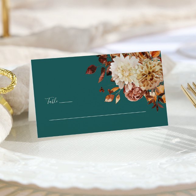 Turkos Höst Platskort Placeringskort (Elegant Teal AutumnLeaves Floral Monogrammed Place Card by Painted Paperie
)