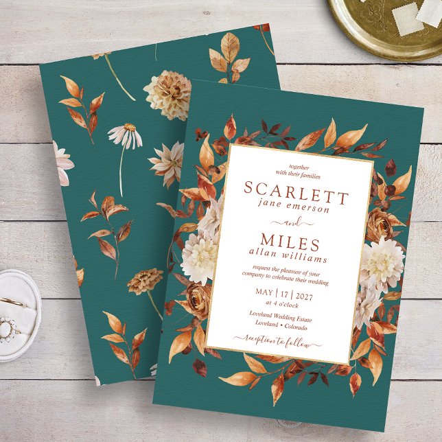 Turkos Höst Terrakotta Akvarell Blommig Bröllop Inbjudningar (Teal Fall Terracotta Watercolor Floral Wedding Invitation by Painted Paperie
)