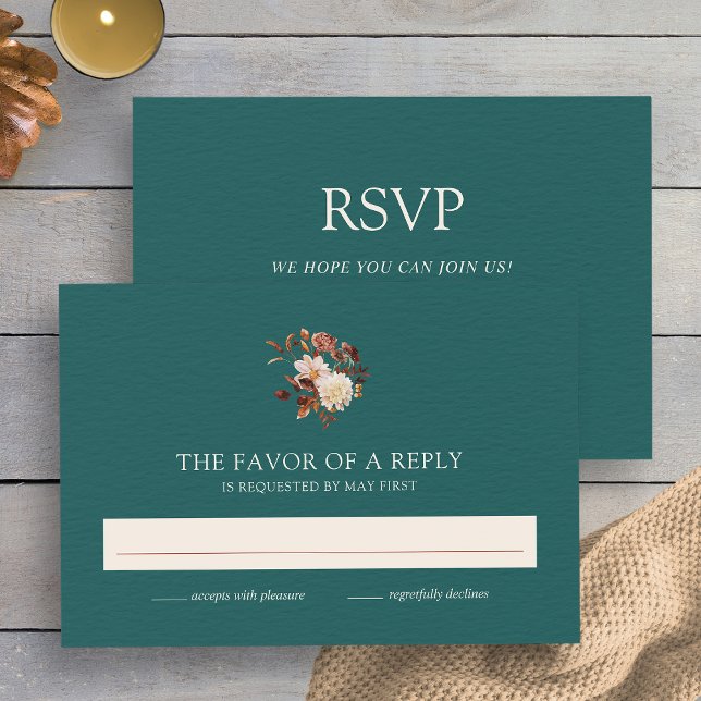 Turkos Höst Terrakotta Akvarell Blommig Bröllop OSA Kort (Teal Fall Terracotta Watercolor Floral Wedding RSVP Card
by Painted Paperie)
