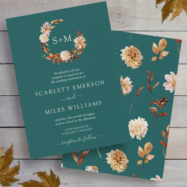 Turkos Höst Terrakotta Monogram Krans Bröllop Inbjudningar (Teal Fall Terracotta Monogram Wreath Wedding Invitation by Painted Paperie
)