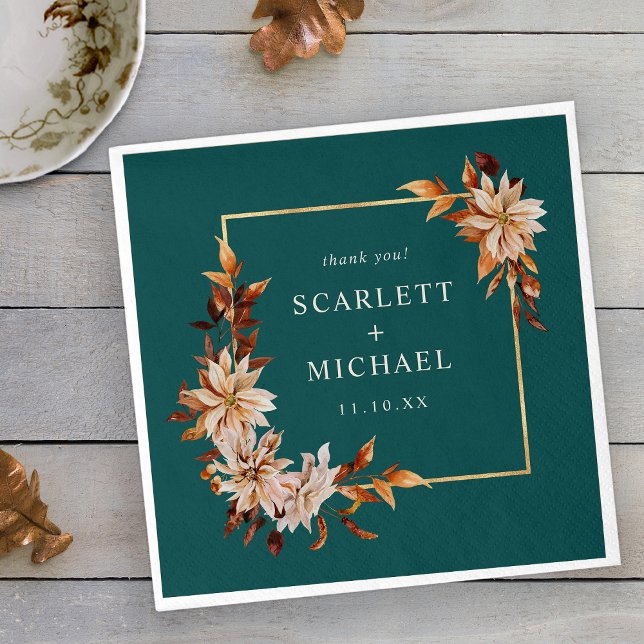 Turkos Höstlöv Servetter (Elegant Copper Teal Fall Leaves Floral Napkins by Painted Paperie
)