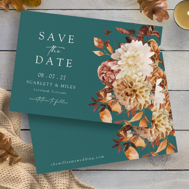 Turkos Höstlöv Spara Datum Datumet (Teal Autumn Leaves Floral Save The Date Card by Painted Paperie
)