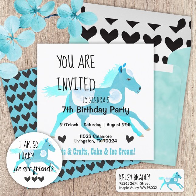 Turkos, inbjudan till Akvamarine Pony Birthday (turquoise light blue pony black hearts cute pony ride birthday party invitation galloping pony)