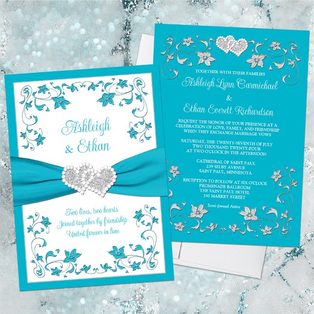 Turkos, inbjudan till Silver Kärlek Hearts bröllop (Beautiful Turquoise or Teal Blue and White Wedding Invitation with Silver Joined Hearts and Flowers)