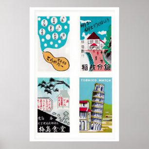 Turkos Japanska Tändsticksbox Etiketter Rutigt Try Poster