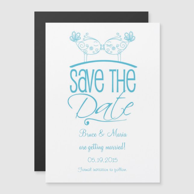 Turkos Kissing Birds Magnetic Save Date Magnetisk Inbjudningskort (Fram/baksida)
