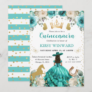 Turkos Klänning Brunett Prinsessa Quinceanera Inbjudningar