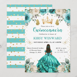 Turkos Klänning Brunett Prinsessa Quinceanera Inbjudningar
