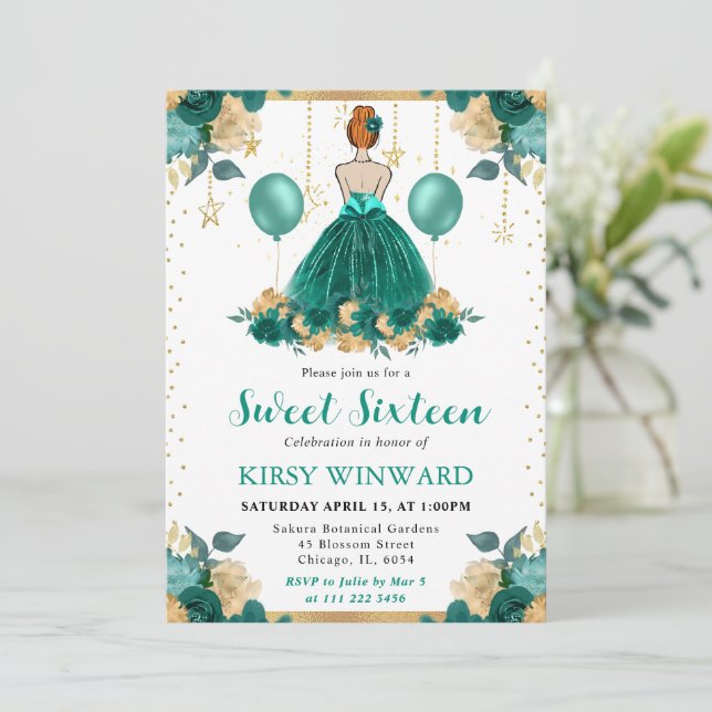 Turkos Klänning Rödhårig Prinsessa Sweet 16 Inbjudningar (Stående Fram)