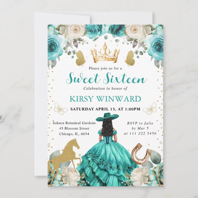 Turkos Klänning Svart Hår Prinsessa Sweet 16 Inbjudningar (Framsida)