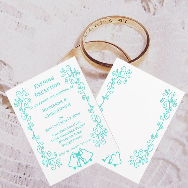 Turkos Klockor Scrollwork Bröllopsmottagning Inbjudningar (Turquoise evening reception wedding invitation bells scrollwork design)