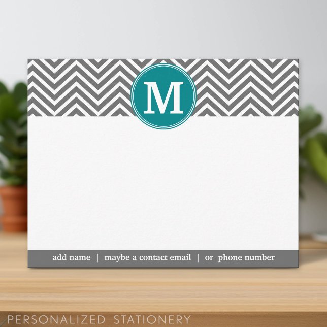 Turkos Kolgråa Chevrons Monogram Tack Kort (Personalized Stationery)