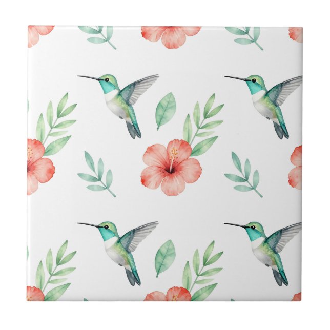 Turkos Kolibri Hibiskus Mönster Kakelplatta (Framsidan)