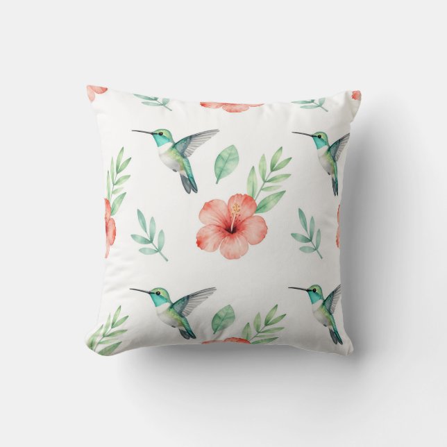 Turkos Kolibri Hibiskus Mönster Kudde (Framsida)