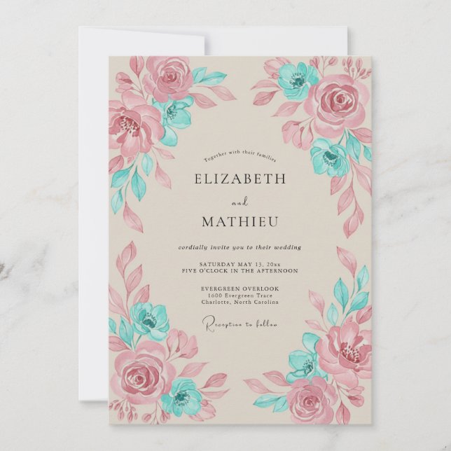 Turkos Konstnärlig Boho Bröllop Inbjudningar (Framsida)