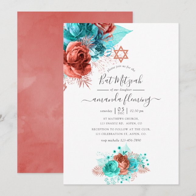 Turkos & korall akvarell blommande Bat Mitzvah Inbjudningar (Fram/baksida)