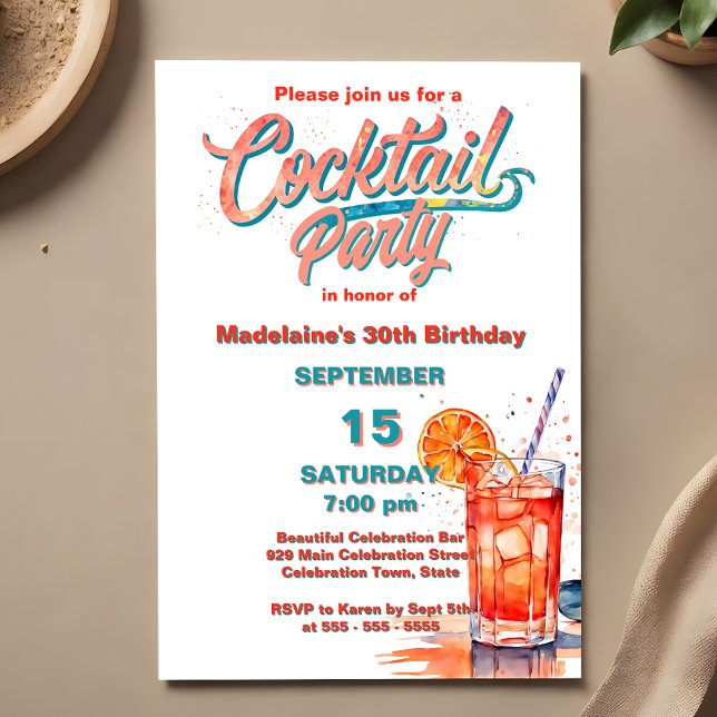 Turkos Korall Akvarell Cocktail 30-årsfest Inbjudningar (Skapare uppladdad)