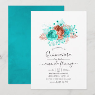 Turkos & korall akvarell Quinceañera Inbjudningar