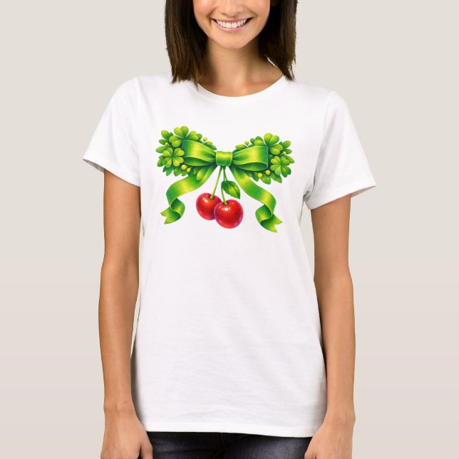 Turkos Körsbärslucka med Lyckoklöver Design T Shirt (Framsida)