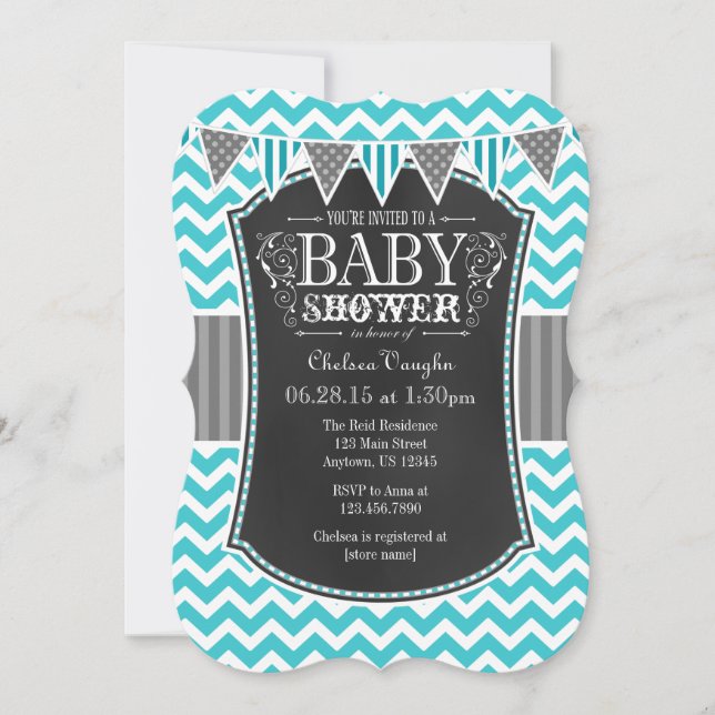 Turkos Kritskrifts Chevron Baby Shower Inbjudan (Framsida)