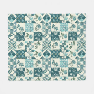 Turkos Kvilt Patchwork Gingham Cottagecore Blommig Fleecefilt