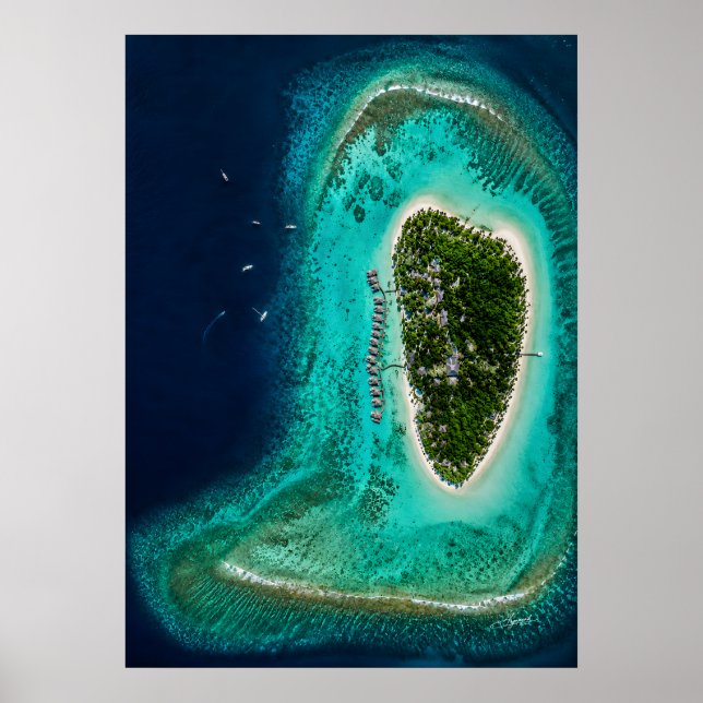 Turkos Lagun Övervattenbungalower Flygfoto Poster (Framsidan)