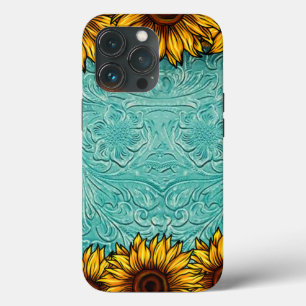 Turkos Leather Tooled Bright Sunny Sunblommor