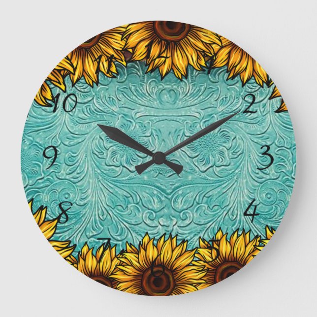 Turkos Leather Tooled Bright Sunny Sunblommor Stor Klocka (Framsida)