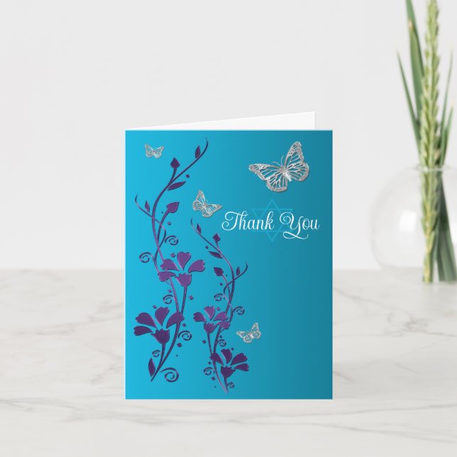 Turkos, Lila Blommig, Fjärilar Tack (Framsida)