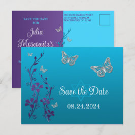 Turkos, Lila Blommigt, Butterflies Bat mitzvah Vykort