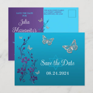 Turkos, Lila Blommigt, Butterflies Bat mitzvah Vykort