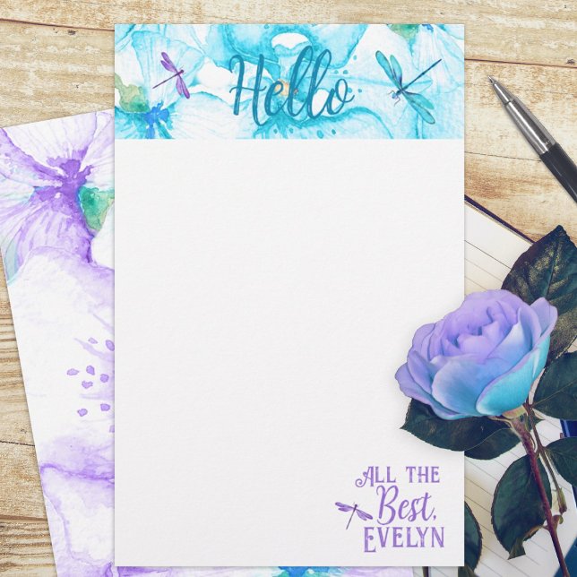 Turkos, Lila Dragonfly Personal Stationery (turquoise aquamarine purple dragonflies floral budget personalized letter writing stationary paper )