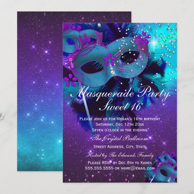 Turkos Lila Fjäder Juvelmaskerad Mask Invitation Inbjudningar (Fram/baksida)