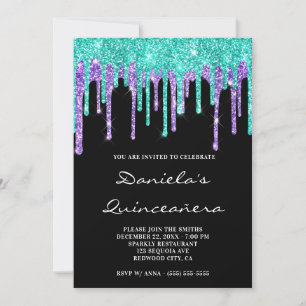 Turkos Lila Glitterdroppar Svart Quinceañera Inbjudningar