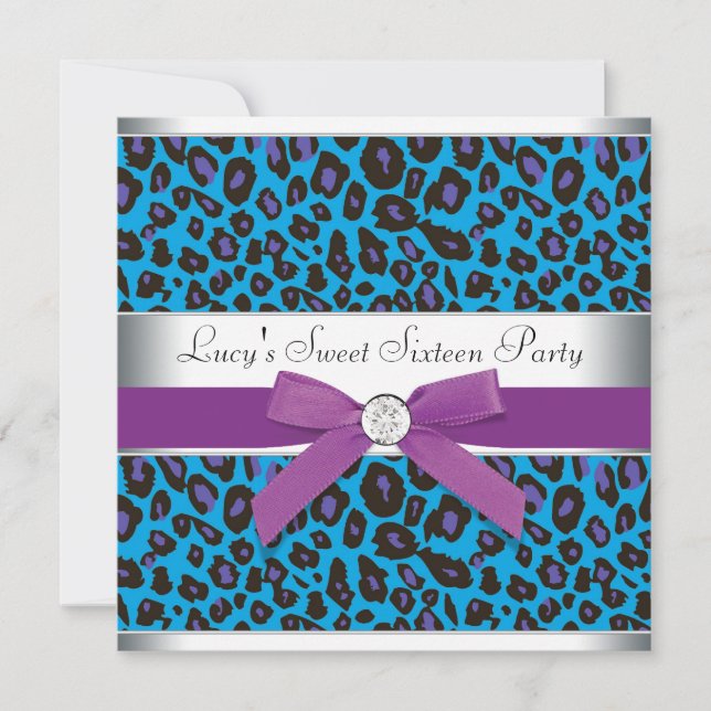 Turkos Lila Leopard Sweet 16 Fest Inbjudningar (Framsida)