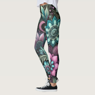 Turkos Lila Rosa Svart Blommig Blommönster Leggings