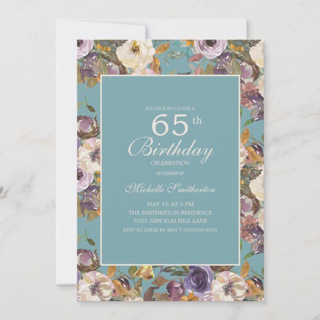 Turkos Lila Senap Elfenben Blommig 65-årsdag Inbjudningar (Framsida)