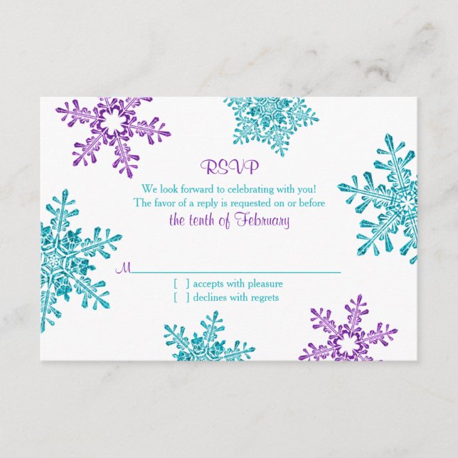 Turkos Lila Snöflinga Vinter Bröllop RSVP OSA Kort (Framsida)