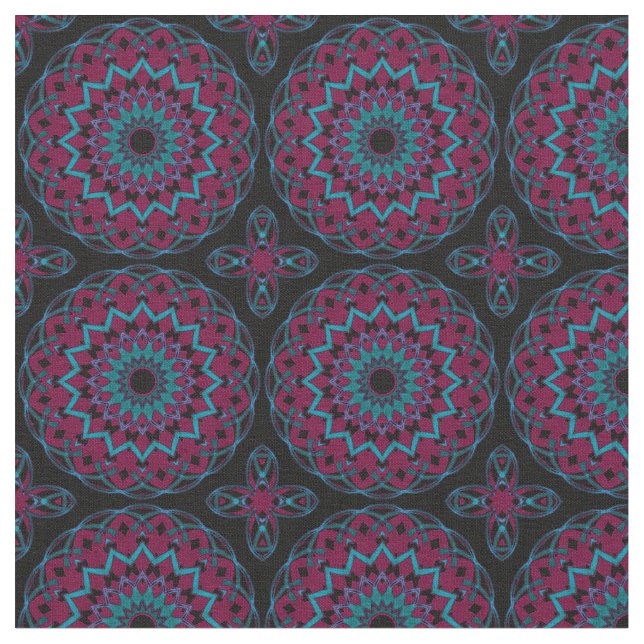 Turkos-Magenta på Black Kaleidoeart Tyg (Närbild)