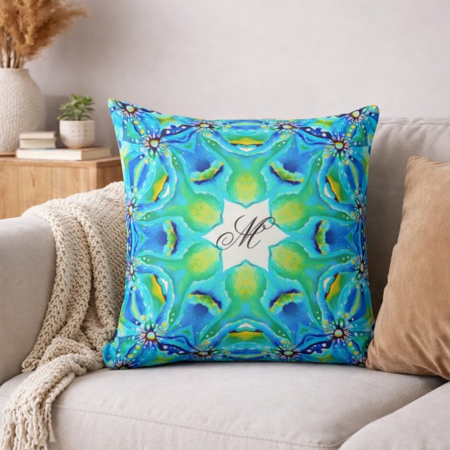 Turkos Mandala Monogram Mönster Blå Grön Konst Kudde (Skapare uppladdad)