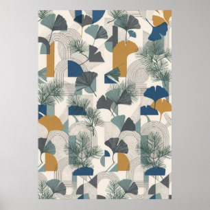 Turkos Marin Gul Ginkgo Tall Geometrisk Affisch