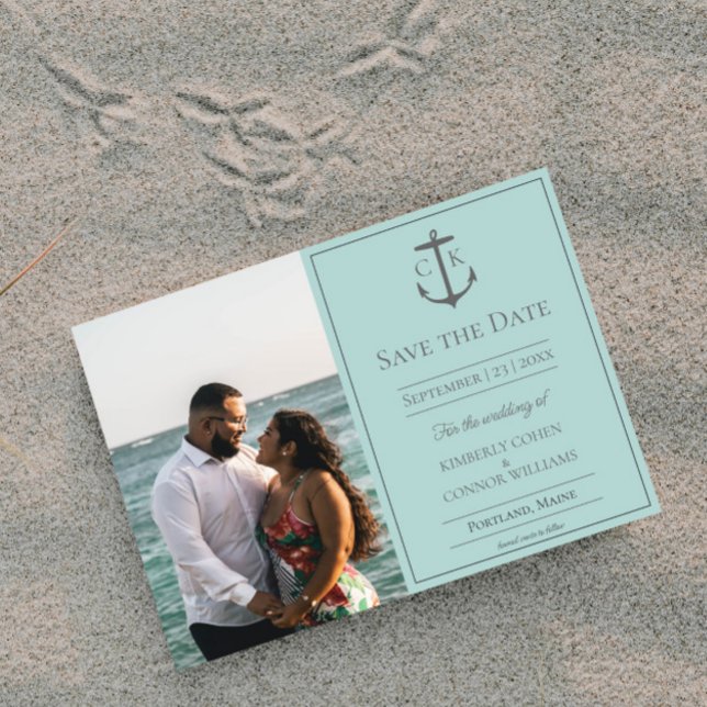 Turkos Marin Monogram Foto Spara Datum Datumet (Teal Nautical Monogram Photo Save the Date)